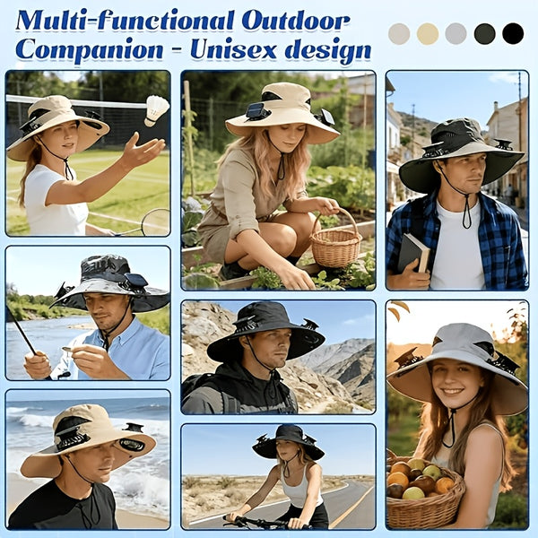 Fan Hat for Men And Women, Solar Wide Brim Sun Hat with Dual Cooling Fans, Adjustable Airflow Outdoor Hat for Summer Travel, Gardening, Hiking, Camping And Yard Work