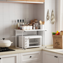 2-Tier Microwave Oven Shelf Stand, Kitchen Countertop Storage Rack Spices Rack Freestanding, Home Office Printer Stand Multifunctional Unit Shelving Wood Top Metal Frame