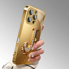 Phone Case: Phone Case - Diamond-Studded And Decorated Golden Letter J Pattern Electroplated Glass Phone Case for iPhone 17 Air/16/15/14/13/12/11/Plus/Pro/Pro Max and Galaxy S, A Series/S22/S23/S24 FE/S25/S26 ULTRA PLUS.It Is the First Choice of Gift