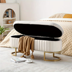 1pc Ottoman Storage Box Bench, Upholstered Teddy Fabric End of Bed Bench, Bedroom Bench Bed End Stool Footstools with Golden Metal Legs, For Bedroom, Living Room, Entryway