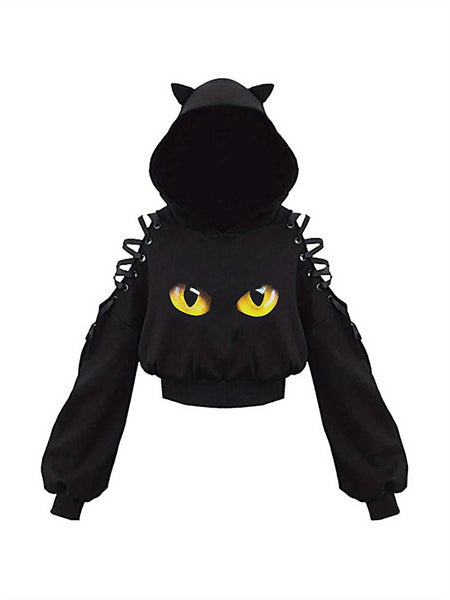 Womens Fashion Printing Sweatshirt Casual Bandage Long Sleeve Exposed Navel Hooded T-shirt