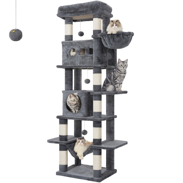 Cat Tree for Indoor Cats, 170cm Large Tall Cat Tower, Multi-Level Cats House with Condo, 8 Scratching Posts, Hammock, 4 Pom Poms