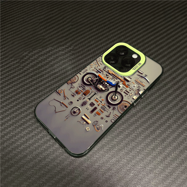 Phone Case - A Colorful Silver Phone Case Featuring a Retro Motorcycle Parts Disassembled Art Design, Compatible with Various for Iphone Including for Iphone 17 Pro Max, 16, 15, 14, 13, 12, And 11 Series, Designed to Be Stylish And Anti-Fall