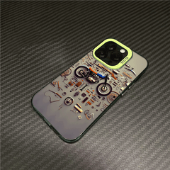 Phone Case - A Colorful Silver Phone Case Featuring a Retro Motorcycle Parts Disassembled Art Design, Compatible with Various for Iphone Including for Iphone 17 Pro Max, 16, 15, 14, 13, 12, And 11 Series, Designed to Be Stylish And Anti-Fall