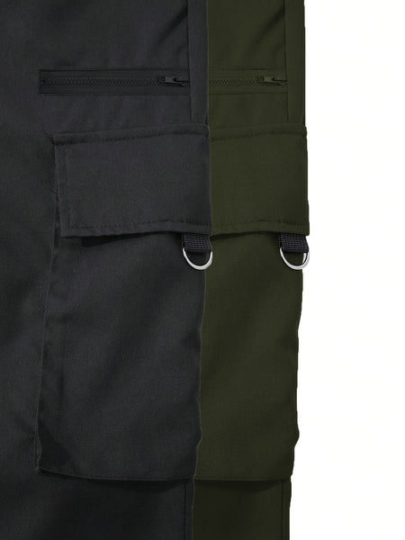 Men's 2pcs Cargo Pants with Drawstring Waist and Multiple Pockets, Suitable for Outdoor Casual Wear