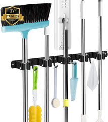 Broom and Mop Holder - Wall Mounted 5 Holders + 4 Hooks with Nails Installation, Stainless Steel, Self Adhesive, Heavy Duty Gripper