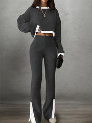 Women'S Short Color-Blocked Long-Sleeve Top with Solid Color Pants, a Casual And Stylish Outfit for Christmas