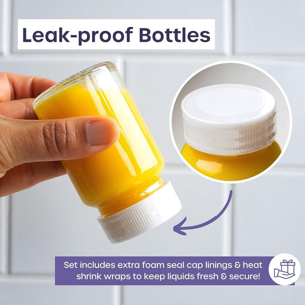 Shot Bottles with Lids - Reusable Glass Shot Bottles with Lids, Funnel, Labels, Shrink Wrap, Cleaning Brush and Extra Foam Insert - Portable and Leakproof