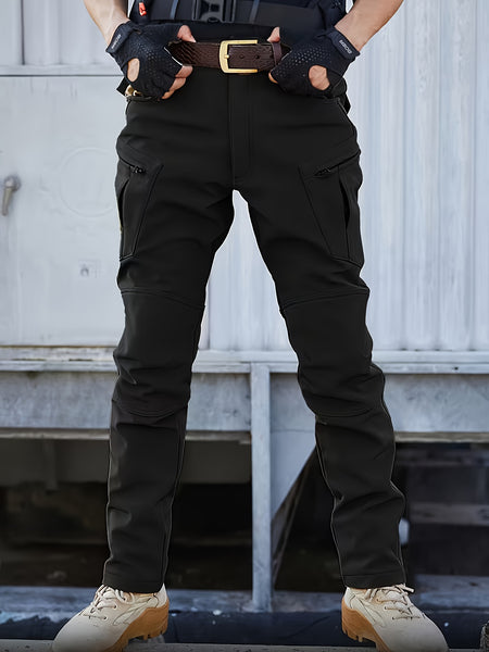 Men's -Lined Tactical Cargo Pants for Winter, New Multi-Functional Pockets, Softshell Stretch Warm Fabric, Windproof, Durable, Tear-Resistant, Suitable for Middle-Aged and Elderly, Outdoor Hiking, Travel, Snowy Weather, No Belt