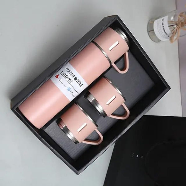 1 Set 500ml/16.9oz Stainless Steel Vacuum Insulated Bottle with 3 Cups Food-Contact Safe, Hot & Cold Insulation, Portable Leak-Proof Design – Perfect for Daily Use, Office, Travel & Ideal Gift for Her