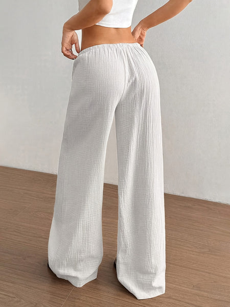 2pcs Women's Spring/Summer Casual Solid Color Waist-Tie Pocket Wide-Leg Pants Set, Suitable for Casual Daily Wear and Vacation