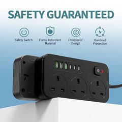 3-outlet Power Strip/ Power Socket/ Extension Cord with 3 USB-A And 3 USB-C Ports, Compatible with 220V-240V, 1.8m Cable, UK Plug, Suitable for Home, Kitchen, Outdoor, Hotel, Office, Cruise Vacation.