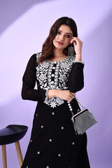 Estationeryhouse Women's Georgette Lucknowi chikankari kurti, Rose Design with Heavy Embroidery, Without Bottom