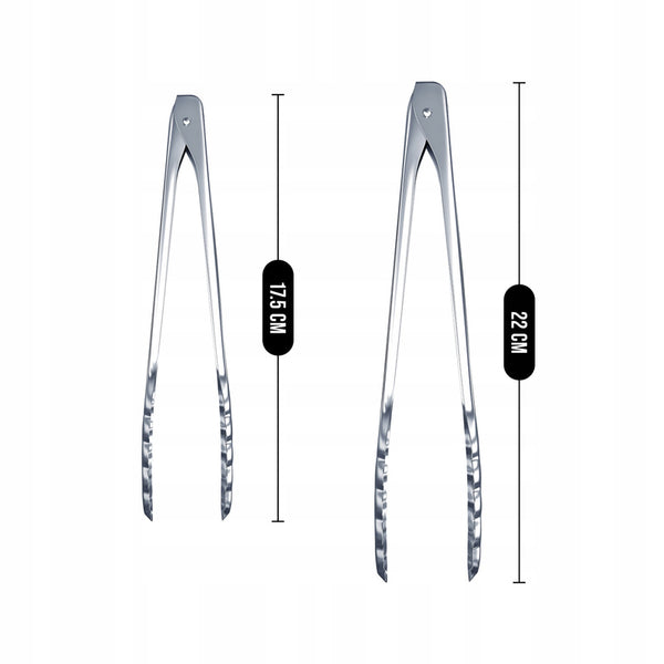 Universal Kitchen and Grill Tongs Set of 2 Pieces, Large and Small, Made of High-Quality Stainless Steel, Lengths 22 cm and 17.5 cm, Ergonomic Handles, Resistant to High Temperatures, Corrosion, and Damage, Ideal for Frying, Grilling, Serving, and Food Pr