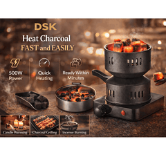 DSK Electric Charcoal Burner – Adjustable Heat Coal Stove with Removable Heating Plate for Incense, Bakhoor, Shisha Charcoal, BBQ Prep & Outdoor Cooking