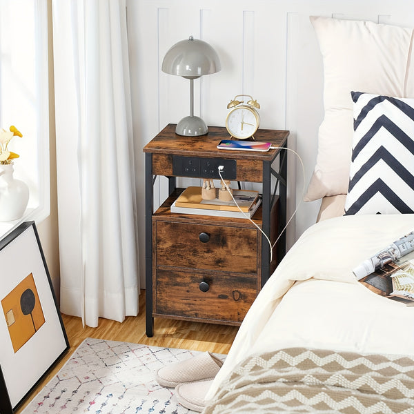 X-shaped Bedside Table with Charging Station | 2 USB Ports, 2 AC Outlets, 2 Drawers, Rustic Brown, 38 x 28 x 60 cm, HOOBRO