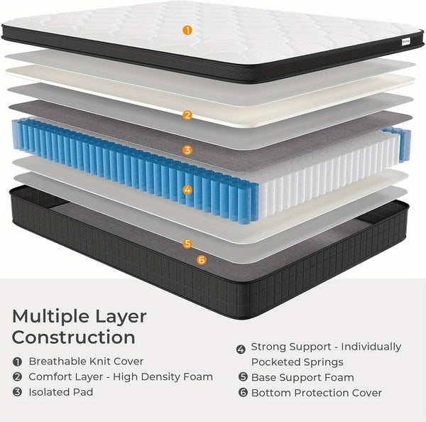 10-Inch Hybrid Pocket Spring Mattress Designed for Pressure Relief And Motion Isolation, Medium-Firm, Delivered in a Box.