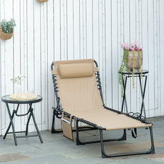Portable Sun Lounger, Folding Camping Bed with Side Pocket and Pillow for Patio