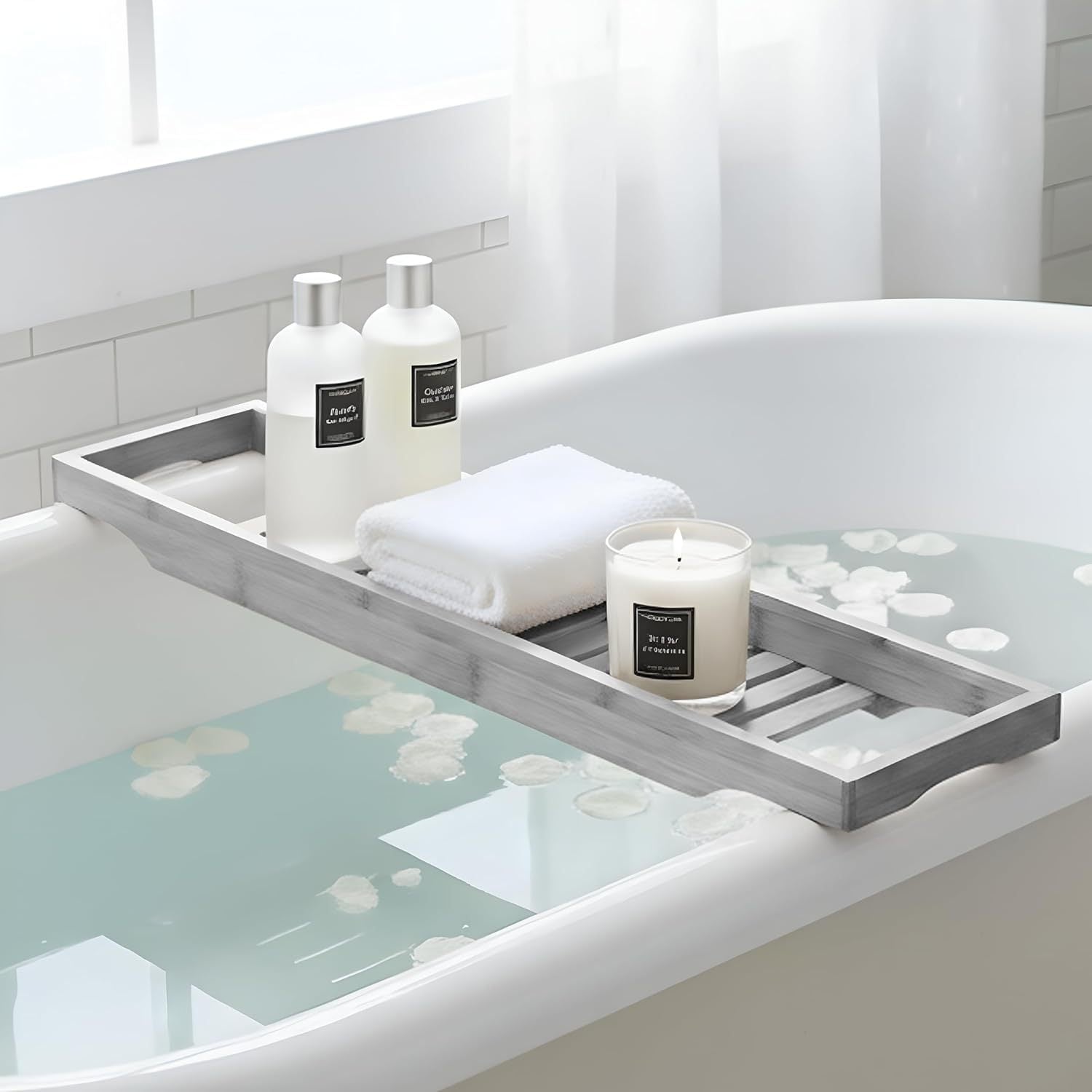 LKH Bamboo Wooden Bath Caddy Tray - Strong & Durable, Prevents Spills, & Water-Resistant Bathtub Tray for Across the Bath | Luxury Bath Shelf for Relaxation, Reading & Drinking - Gift Idea
