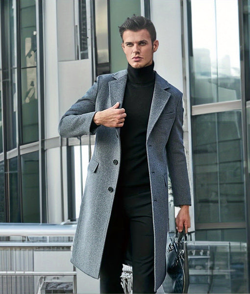 New Autumn/Winter Tweed Overcoat for Men, Long Length, Painted Finish, Warm and Thickened Tweed Outerwear, Men's Casual Wool Blend Jacket Trench Coat