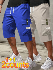 2pcs Men's Cargo Capri Pants with Drawstring Waist, Large Pockets, and Letter Patches for Summer, Fashion Casual Athletic Trousers