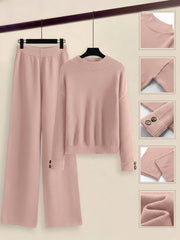 Women's 2pcs Set with Side Stripe| Crewneck Sweater & Relaxed Fit Straight Leg Pants| Soft Loungewear for Spring Autumn | European Casual Y Style