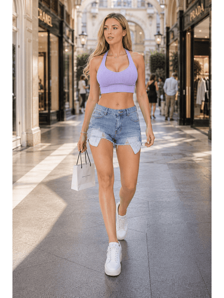 New Look Women Fashionable High Waist Denim Shorts Distressed Ripped Lace Pocket Summer Shorts Casual Wear
