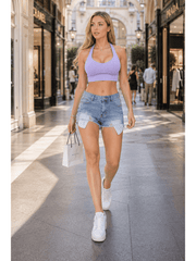 New Look Women Fashionable High Waist Denim Shorts Distressed Ripped Lace Pocket Summer Shorts Casual Wear