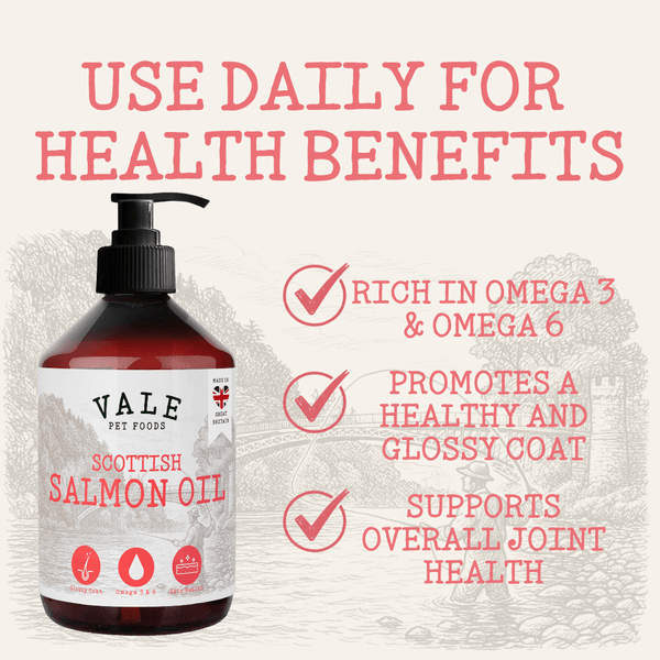 Scottish Salmon Oil for Dogs & Cats UK - Omega 3 6 9 Supplement Dog Food Topper for Joints Skin, Coat, Heart Health & Natural Coat - Natural Fish Oil for Dogs, Puppy, 500ml - Vale Pet Foods
