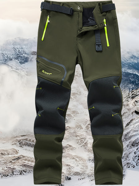 Men's Warm Windproof Cargo Pants with Belt & Zippered Pockets - Olive Green, Black & Yellow Accents, Perfect for Winter Outdoor Activities & Casual Wear, Winter Clothes