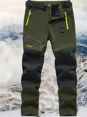 Men's Warm Windproof Cargo Pants with Belt & Zippered Pockets - Olive Green, Black & Yellow Accents, Perfect for Winter Outdoor Activities & Casual Wear, Winter Clothes