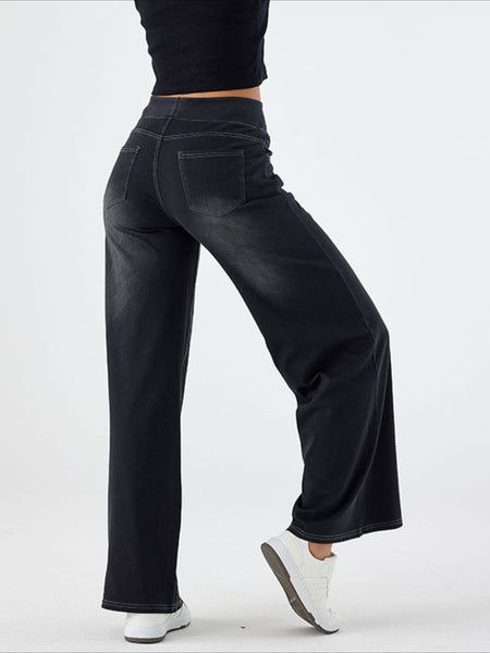 ' High Waisted Wide Jeans - Stretchy Pants with Multiple Pockets, -Washed - Casual Trousers for Jeanswear & Layering (Wide-Waisted Fit)