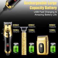 WEEME Golden 3pcs 2pcs 1pc Men's Hair Clipper Set, USB Rechargeable Hair Clippers, Trimmer And Shaver Kit, with Guide Combs & Cleaning Brushes, Grooming Gift Set for Men, Husband, Boyfriend, Dad Valentine's Day Gift