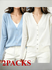 2pcs Women's Lightweight V-Neck Button- Cardigan Sweater Coat - Soft Breathable -Line Button Front Closure, Solid Color -Compatible for Daily Office, Vacation & Streetwear, Spring Summer Outerwear (Regular Fit)