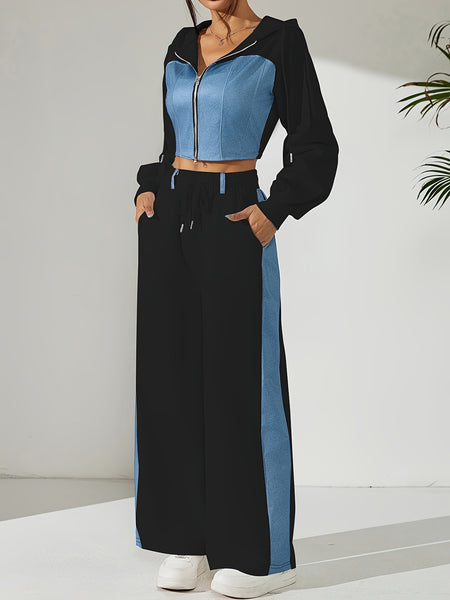 Women'S Suit Featuring a Two-Piece Set with Contrasting Colors, a Short Zip-Up Jacket with Long Sleeves for Spring And Autumn, Paired with Straight-Cut Elegant Casual Pants