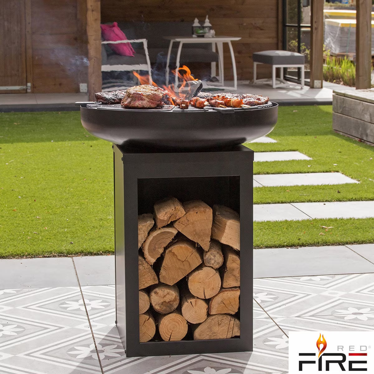 Redfire Mantanzas Wood Burning Fire Bowl with Grill and Wood Storage