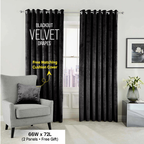 2pc Luxury Velvet Curtain Panels with Free Matching Velvet Cushion Cover – Thermal Insulated Grommet Top Drapes, Energy Saving Curtain Panels for Bedroom & Living Room Home Decor, Perfect Holiday Gift