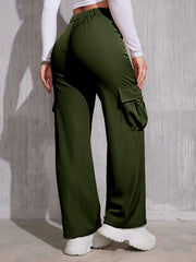 Flap Pocket Solid Color Cargo Pants, Y2K Slant Pocket Button Front Every Day Pants, Women's Clothing
