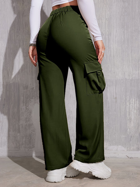 Flap Pocket Solid Color Cargo Pants, Y2K Slant Pocket Button Front Every Day Pants, Women's Clothing