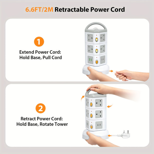 SooPii 10-Outlet Power Tower with 4 USB, Multi Plug Power Extension Strip with 10AC Outlets, 2 USB & 2 USB-C Ports, Surge Protector, 2m Extension Cable, 4000W/16A Extension Power Cord for Home Office, White, Christmas Gifts, Gifts.