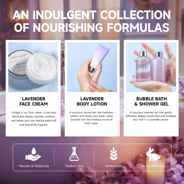 BODY & EARTH Bath Spa Gift Set for Women, Shower Gift Sets, 6Pcs Lavender Toiletries Gift Sets for Women, Luxurious Pamper Gifts for Women Birthday Gifts for Her Ladies Gift Sets Valentine'S Gifts