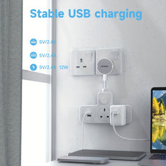 LIPWEL UK Plug Extension Socket with 3 AC Outlets & 2 USB Ports, Flame Retardant Material, Pure Copper, Power Switch & Indicator Light, 3120W/13A, Wall-Mountable for Home Office Dorm - White, Plug Outlet Extender, Workspace Organization, Sleek Design, Saf