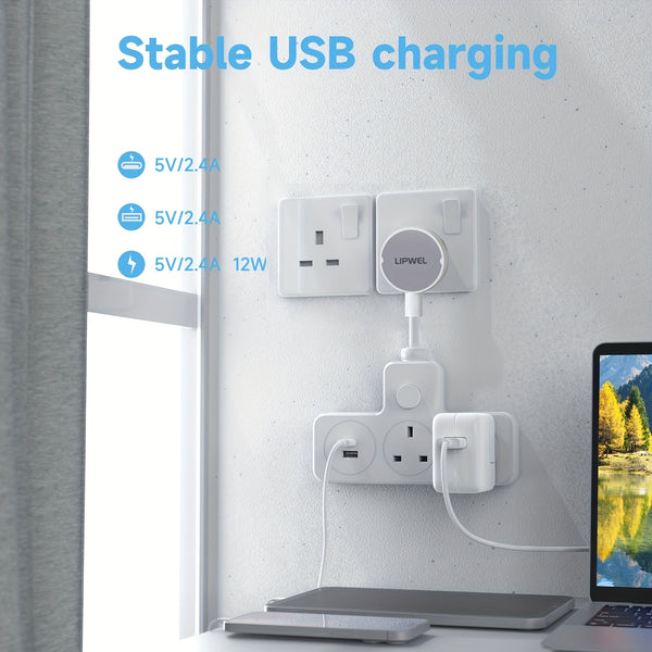 LIPWEL UK Plug Extension Socket with 3 AC Outlets & 2 USB Ports, Flame Retardant Material, Pure Copper, Power Switch & Indicator Light, 3120W/13A, Wall-Mountable for Home Office Dorm - White, Plug Outlet Extender, Workspace Organization, Sleek Design, Saf