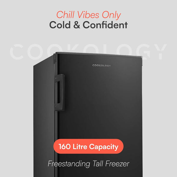 Cookology CTFZ160BK Tall Freestanding Freezer - Upright Freezer with 160 Litre Capacity - 142Cm High and 55Cm Wide - 5 Large Compartments - Reversible Door - Black