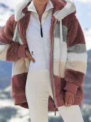 Women's 2025 Autumn Winter Warm Patchwork Hooded Coat - Zip Pockets Loose Fit Oversized Casual Outerwear