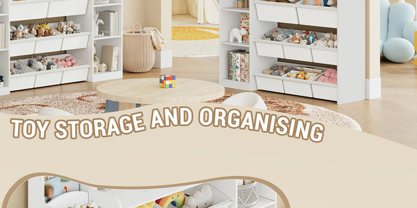 Toy Storage Units and Bookcase | With 8 Fabric Bins, Open Shelves, Display Rack, Suitable for Bedroom, Nursery, Playroom, Kindergarten, White - HZUANERI