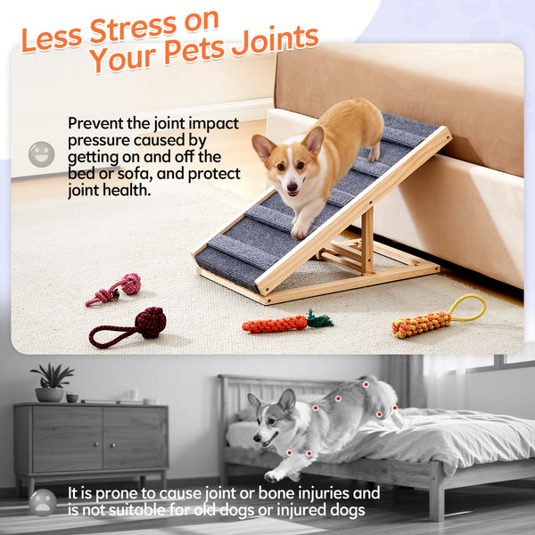 Dog Ramp for Bed Height Adjustable Folding Pet Ramp with Non-Slip Rug Surface Portable Wooden Dog Steps Stairs for Small Large Animals for Sofa Couch