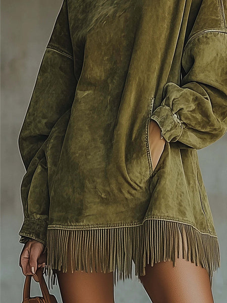 A High-Neck Dress for Women Featuring Fringes, a Loose Fit, Long Sleeves, And Pockets. This Bohemian-Style Skirt Is Perfect for The Relaxed Fashion of Autumn And Winter. It'S Great for Street Style, Holiday Trips