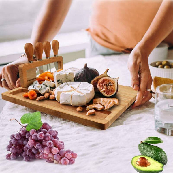 Cheese Board with Removable Tool Holder & Food-Serving Utensils | Charcuterie Boards with Dedicated Zones for Dips & Snacks | Includes Cheese-Specific Utensils & Heart-Shaped Food Cutter