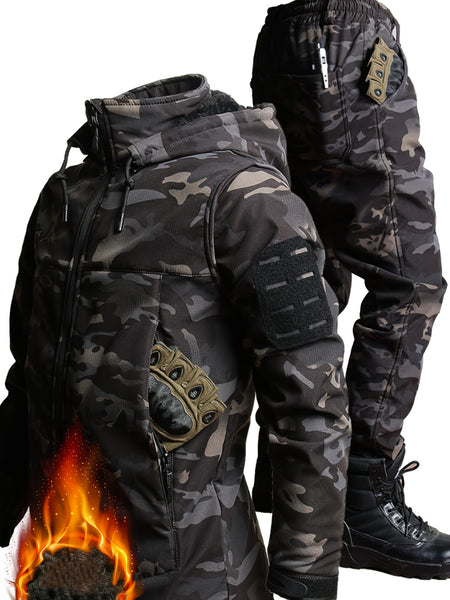 Men's Autumn and Winter Plush and Thick Fleece Suit Jacket, Long Pants, Warm Outdoor Wear Resistant Hiking, Multi Pocket Plush Suit Jacket Set, Detachable Hat Zipper Outdoor Jacket Set, Workwear Camouflage